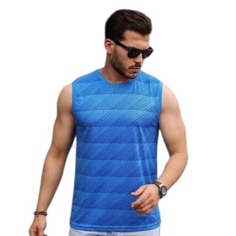 Tec-One One Wick Mens M Sleeveless Muscle Tee Blue Geo Tank Top T Shirt Gym